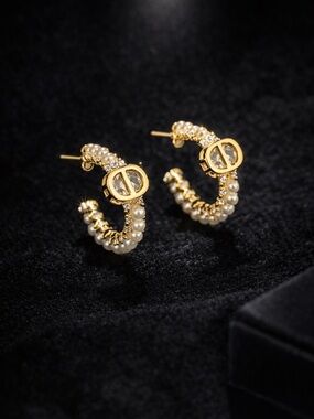 Gold Pearl Luxury CD Logo Hoop Earrings with Crystal Details
